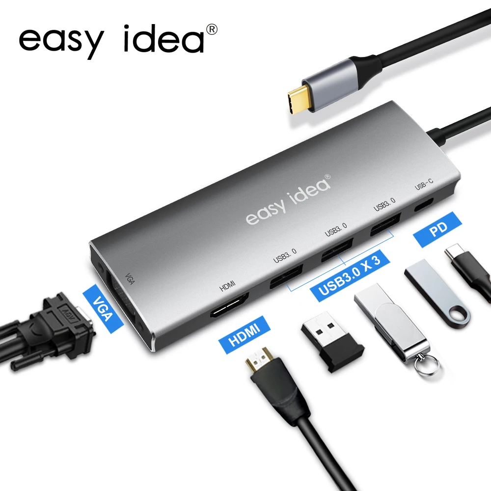 

USB C Hub Type C Adapter Splitter Multi USB 3.0 HDMI VGA Port Multiple USB-C Hab Expander For Macbook Pro Computer Accessories