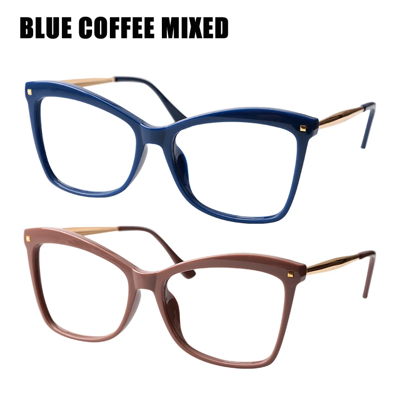 SOOLALA заклёпки кошачий глаз очки для чтения женские большие очки Рамка увеличительные очки для пресбиопии с диоптрием 0,5 0,75 1,25 до 5,0 - Цвет оправы: Blue Coffee Mix