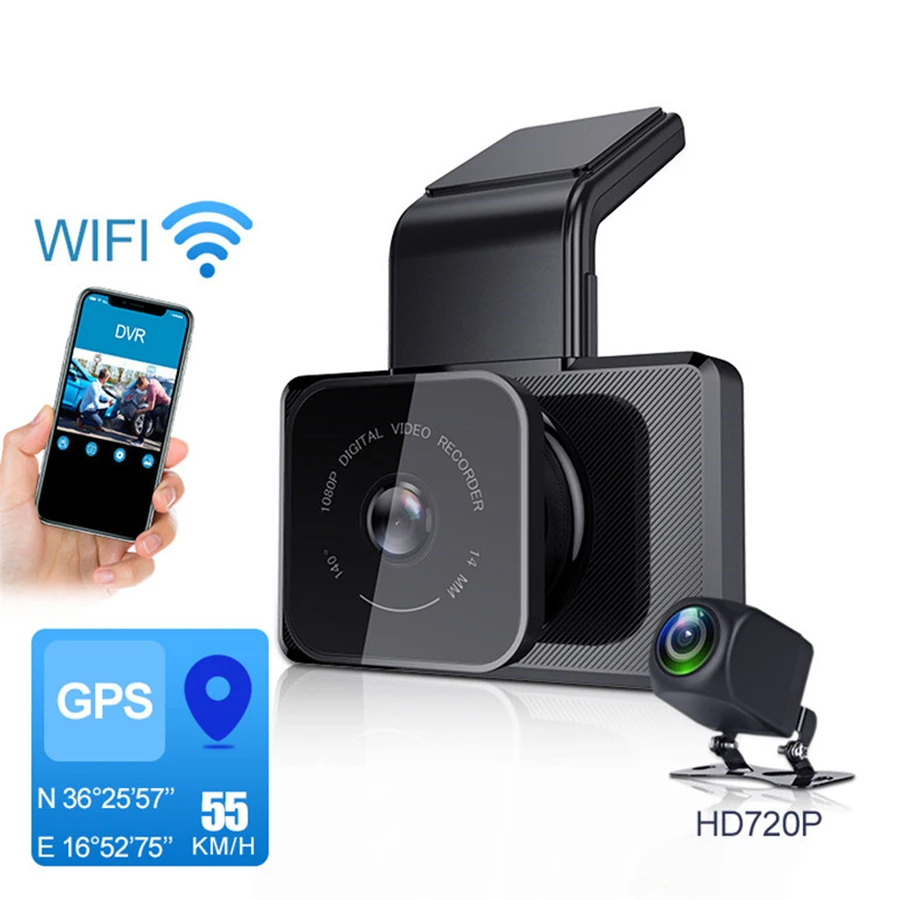 3 дюйма, Wi-Fi, gps G-sensor Видеорегистраторы для автомобилей тире Камера спереди 1080P+ задняя крышка 720P Двойной объектив с помощью приложения на телефоне воспроизведения