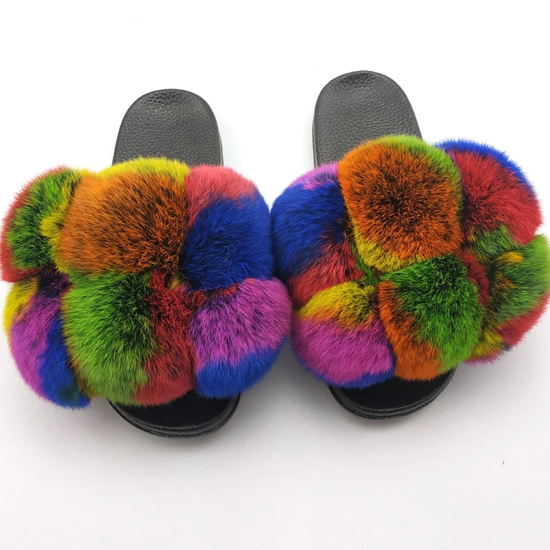 

Furry Slippers House Summer Fluffy Slides For Women Real Fur Sandals Ladies Luxury Fashion Female Fur Shoes With Pompon Indoor