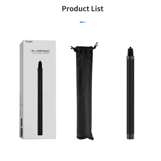 TELESIN 116 cm Carbon Fiber Monopod Selfie Stick Extendable With 1/4 Screw For GoPro Hero 10 9 8 7 Insta360 Osmo Action black