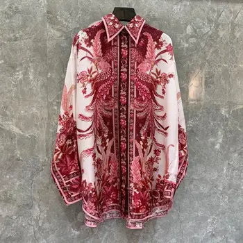 

LILYPAUL Women High-Quality Vintage Twill Fashion Print Lapel Lantern Sleeve Silk Shirt