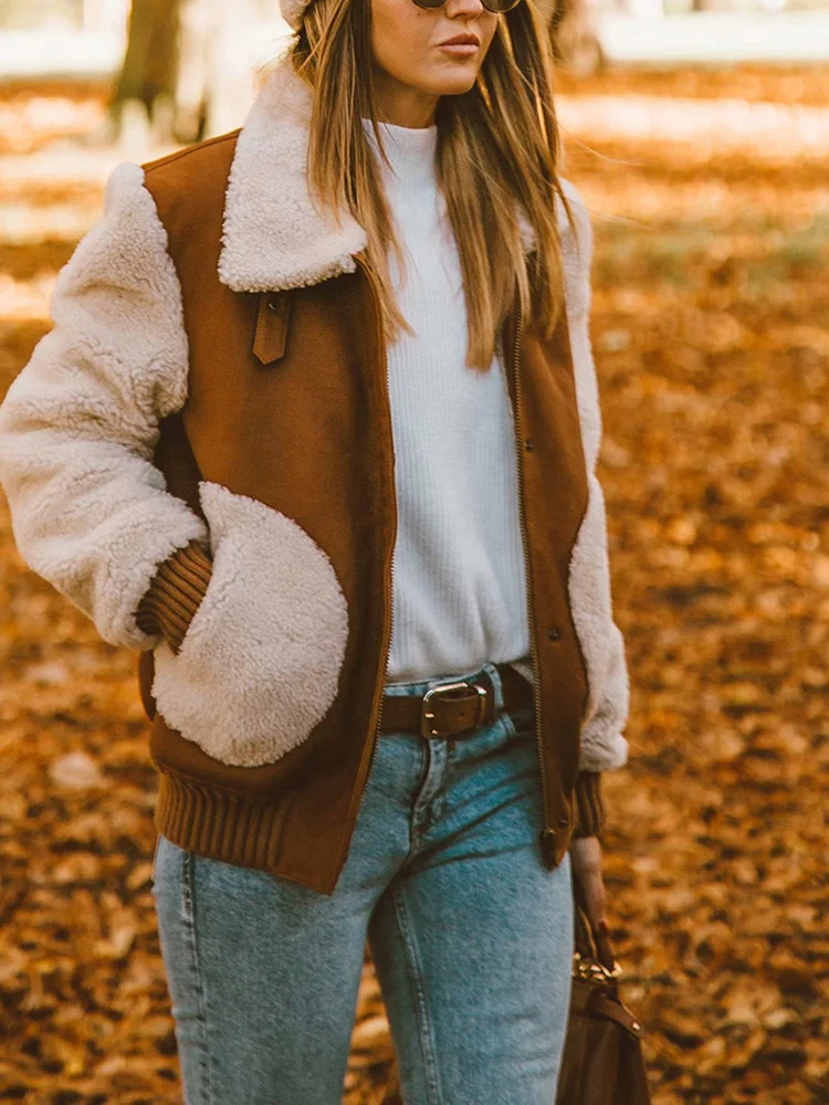 Stylish Autumn Winter Chic Women Fleece Fur Leather Jacket Fashion Female Contrast Colors Patchwork Coat Casual Casaco Feminino | Женская