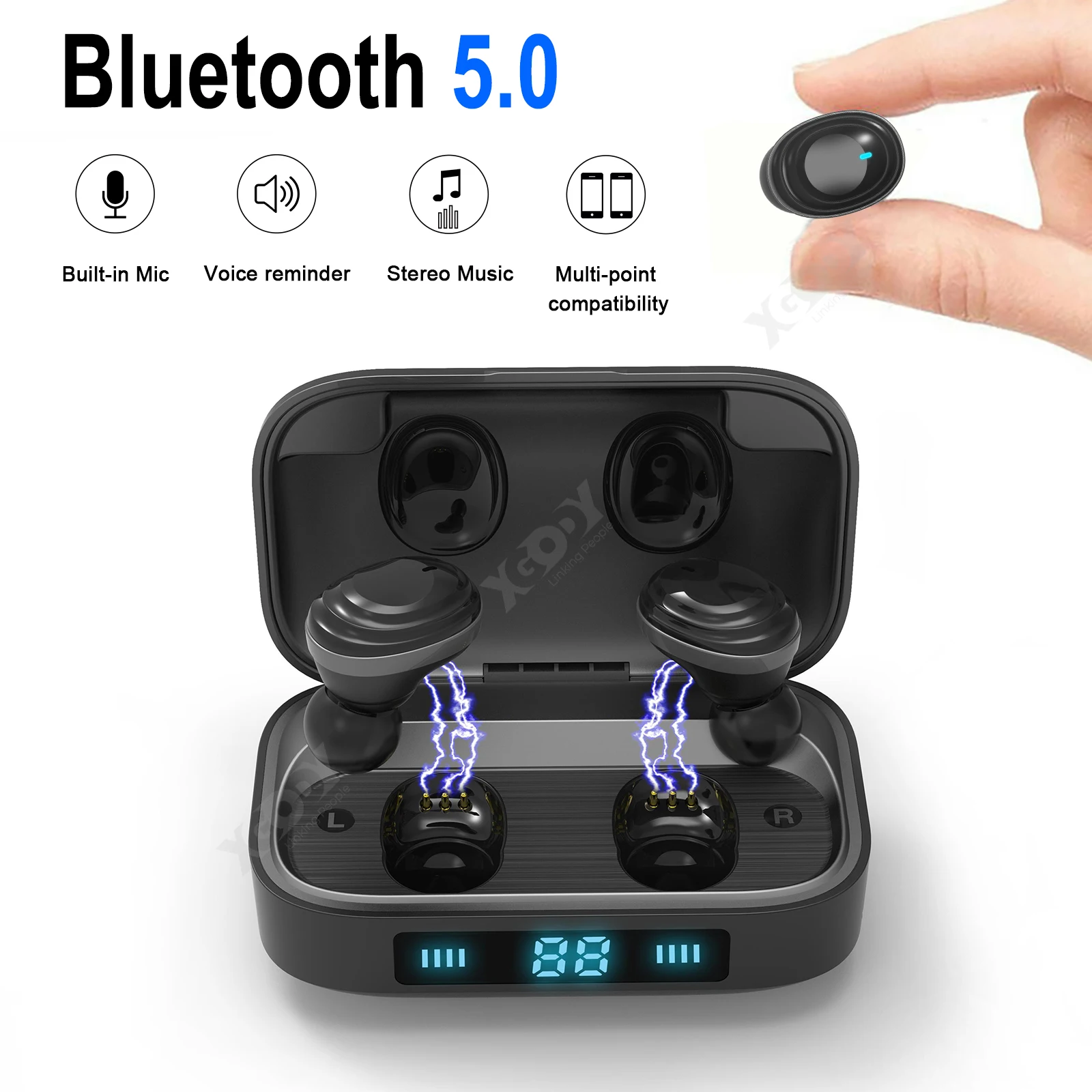 XGODY H01 Bluetooth 5,0 наушники TWS True беспроводные Bluetooth наушники 9D стерео музыкальные наушники с сенсорным управлением 2000 мАч вытесненный
