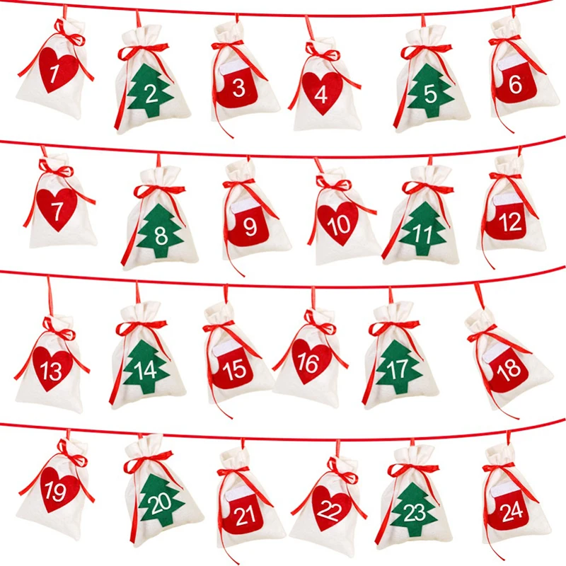 

24pcs Christmas Hanging Countdown advent Calendar Wreath Decoration New Year candy Bags new year gift storage Enfeites De Natal