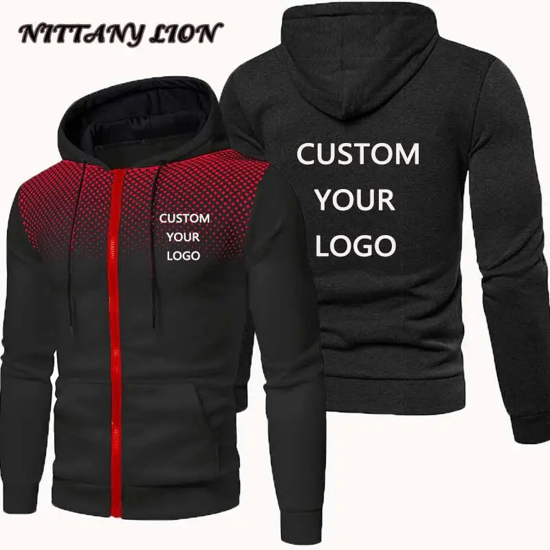 Custom Brand Logo Men Hoodies Jacket Spring Autumn Long Sleeve Slim Fit Casual Sport Zip Outdoor Tops Coat Black White Navy Blue hoodies halloween cat kangaroo pocket hoodie navy blue in blue size l m