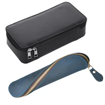 

Black Large-Capacity Stationery Bag Pen Bag Double-Layer & Leather Pencil Case, Small Vintage Handmade Pen Case(Blue)