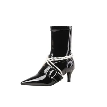 

Womens Pointy Toe Belt Buckle Ankle Boots Patent Leather Pearls Metal Chain Stilettos High Heel Shoes Black White