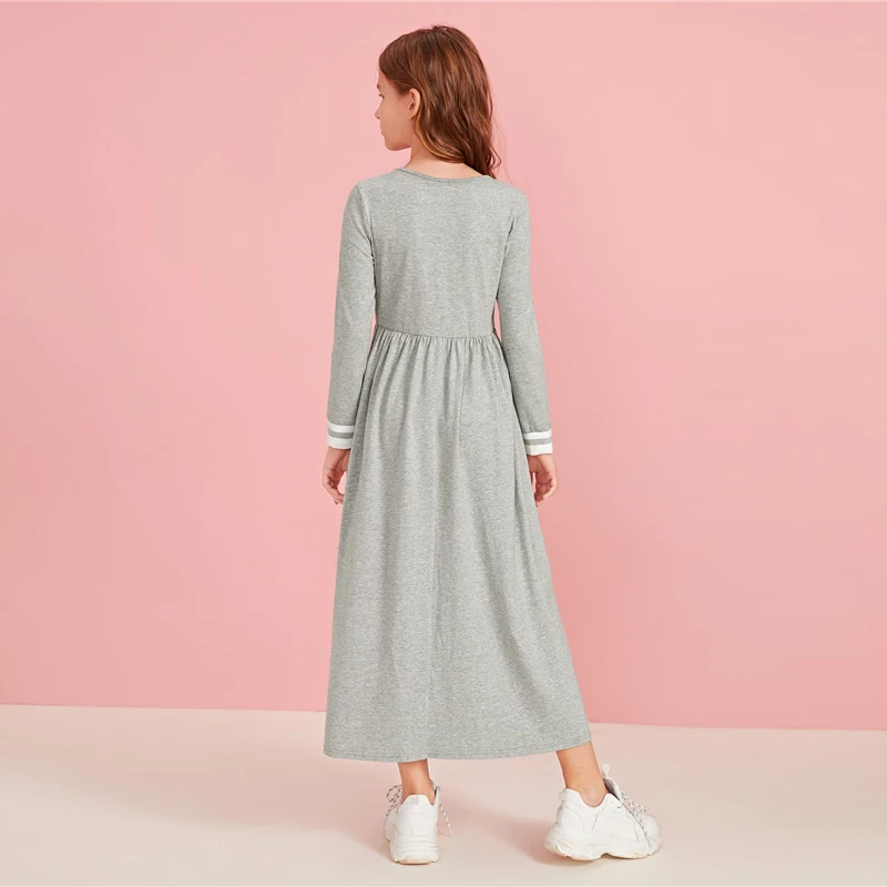 SHEIN/детское расклешенное платье макси в полоску с буквенным принтом и манжетами, осень, длинные платья трапециевидной формы с длинным рукавом и высокой талией