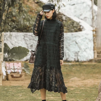 

LANMREM can ship Lace Long Sleeve Black dresses for women 2020 spring new vintageTemperament Hollow Out sleeve clothes YJ006