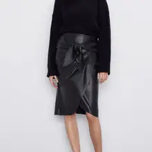 Женская кожаная юбка с высокой талией, сексуальная черная полиуретановая юбка с бантом, однотонные прямые юбки до колена