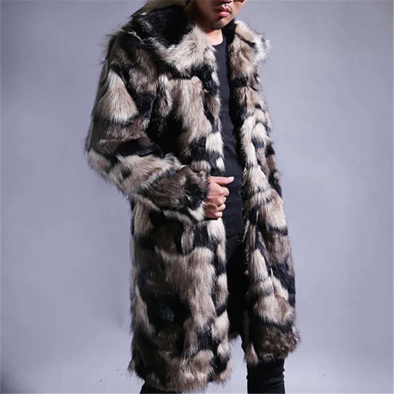 

2020 Winter Mens Hip Hop Loose Long Faux Fur Outwear Coat European Color Mixed Punk Stage Show Fur Jacket Masculino Overcoat