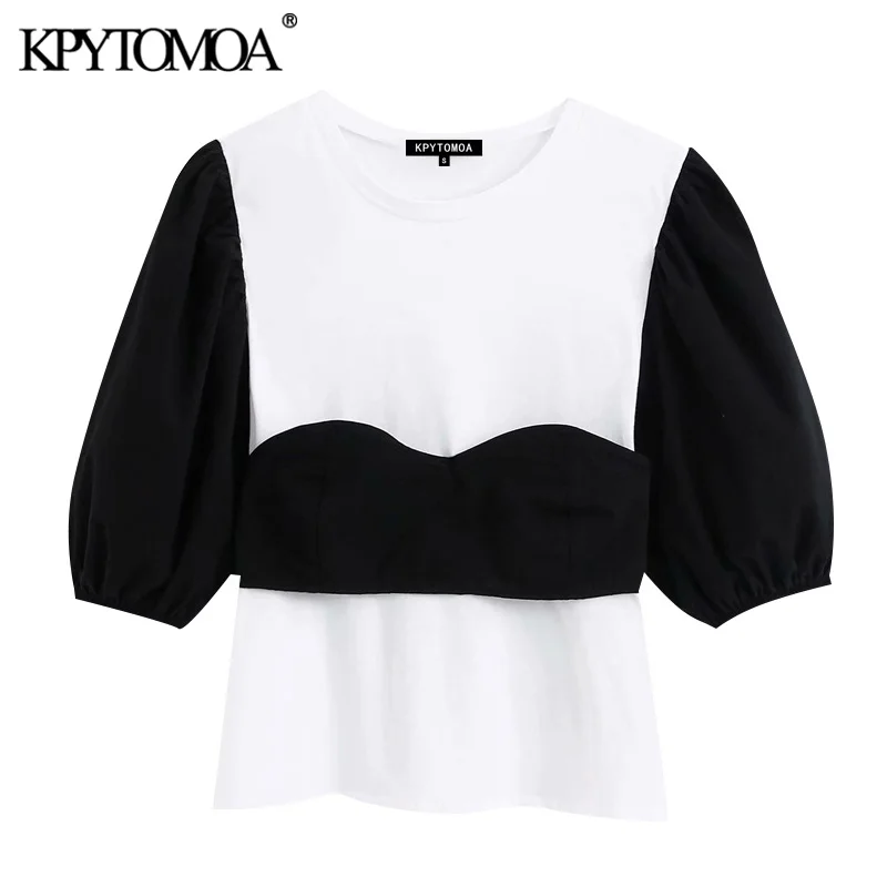 KPYTOMOA Women 2020 Fashion Patchwork Back Bow Tied Blouses Vintage O Neck Puff Sleeve Female Shirts Blusas Mujer Chic Tops KPYTOMOA Women 2020 Fashion Patchwork Back Bow Tied Blouses Vintage O Neck Puff Sleeve Female Shirts Blusas Mujer Chic Tops