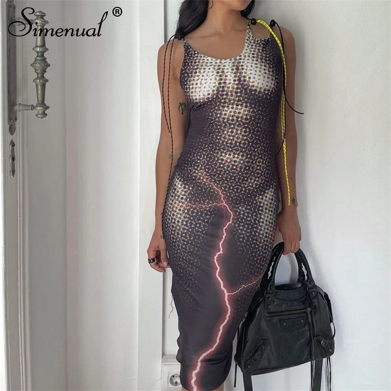 Simenual 3D Printing Buckle Strap Bodycon Maxi Dresses Summer Fashion 2021 Clubwear Outfits Cyberghetto Baddie Aesthetic Dress