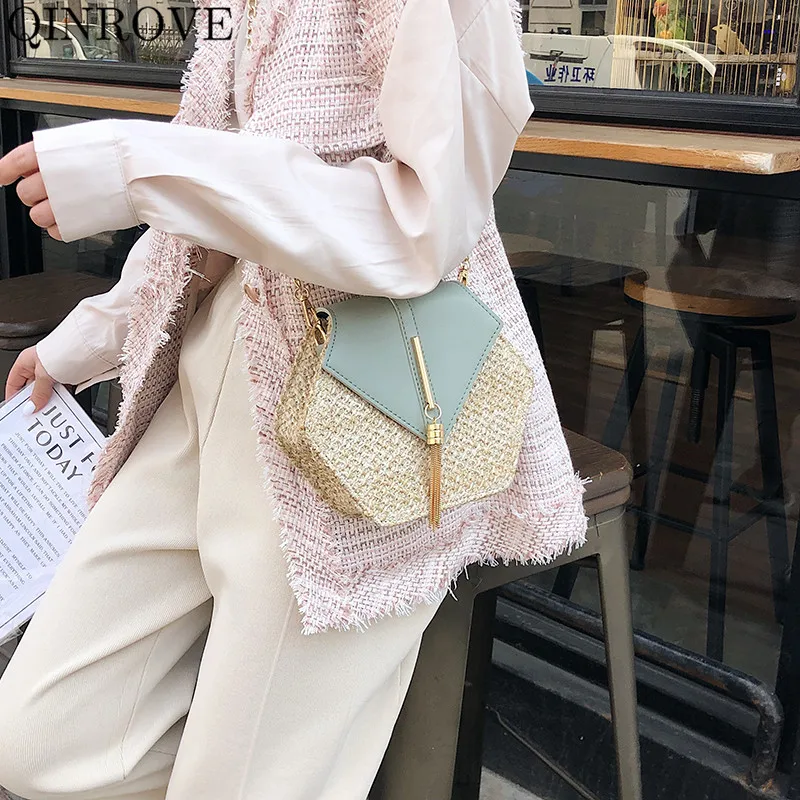 

QINROVE Straw Bags for Women 2020 Summer Leather Handbag Bohemia Female Handmade Woven Bags Chains Strap Crossbody Bags Black