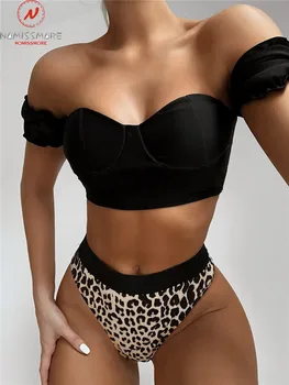 

Sexy Women Summer Swim Beach Bikini Two Piece Set Patchwork Design Off Shoulder V-Neck Backless Solid Short Top+Elastic Briefs