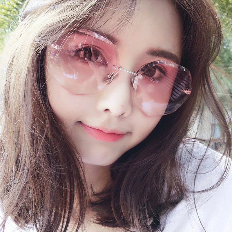

Rimless Sunglasses Women Brand Designer Multilateral Sun Glasses Shades Cutting Lens Ladies Frameless Metal Eyeglasses UV400