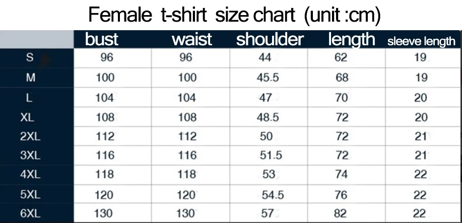 female t-shirt size chart