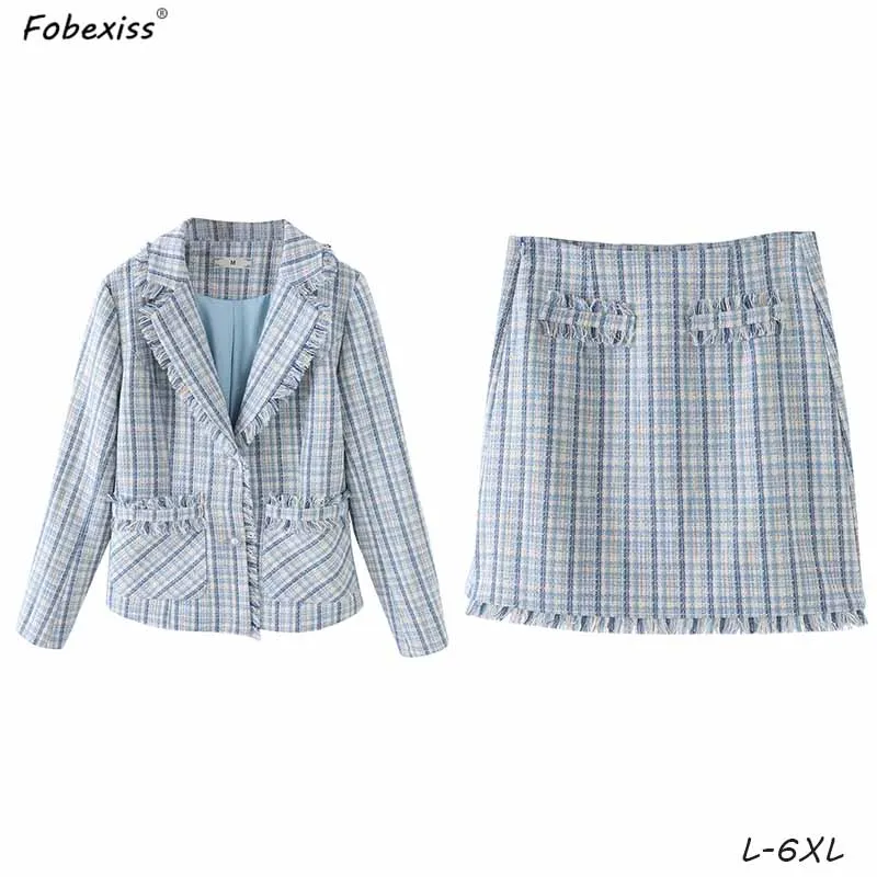 Blue Blazer Suit Синие Клетчатые женские костюмы с юбкой с кисточками 5XL размера плюс для офисных леди элегантные твидовые блейзеры Юбки Комплекты из 2 предметов осенние женские костюмы - Цвет: Blue Blazer Suit