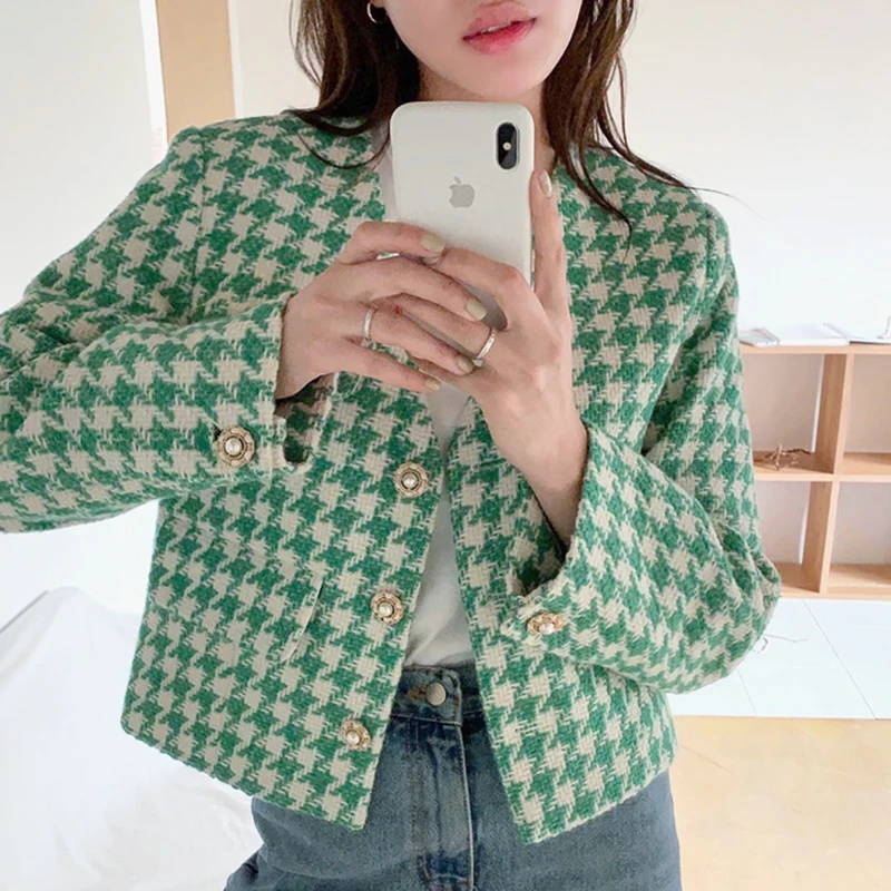 New Chic Korean Women Green Houndstooth Tweed Jacket Coat 2022