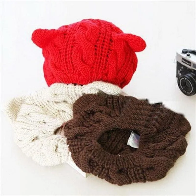 Зимние вязаные шапочки Skullies, Повседневная шерстяная шапка s, милые кошачьи ушки, шапка бини, женская теплая одноцветная Милая Кепка в стиле хип-хоп для девушек