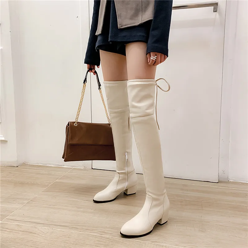 YMECHIC/женские облегающие высокие сапоги на высоком каблуке; цвет белый, черный; сезон зима-осень; женская обувь; рыцарские Сапоги выше колена на шнуровке