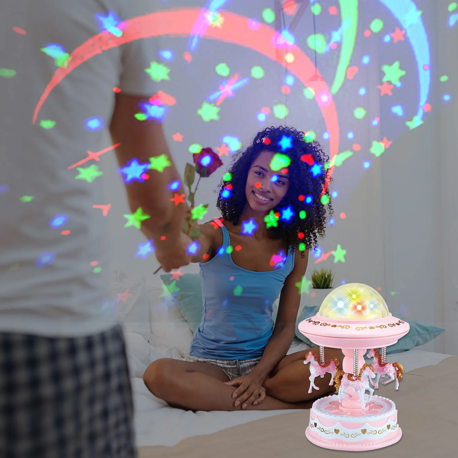 Bevigac Cute Rotating Horse Carousel Style Lights Shine Music Box Projector for Home Valentine Day Birthday New Year Child Gifts