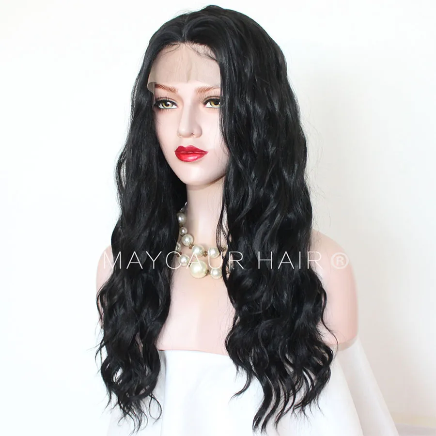 Maycaur Long Wavy Lace Front Wigs Black Color Synthetic Wigs for Black Women Half Hand Tied Heat Resistant Fiber Hair (4)