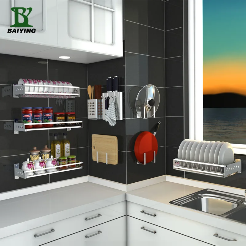 

Wain 304 Stainless Steel Kitchen Hole Punched Kitchen Shelves Spice Rack Wall Hangers Dish Rack Storage Rack