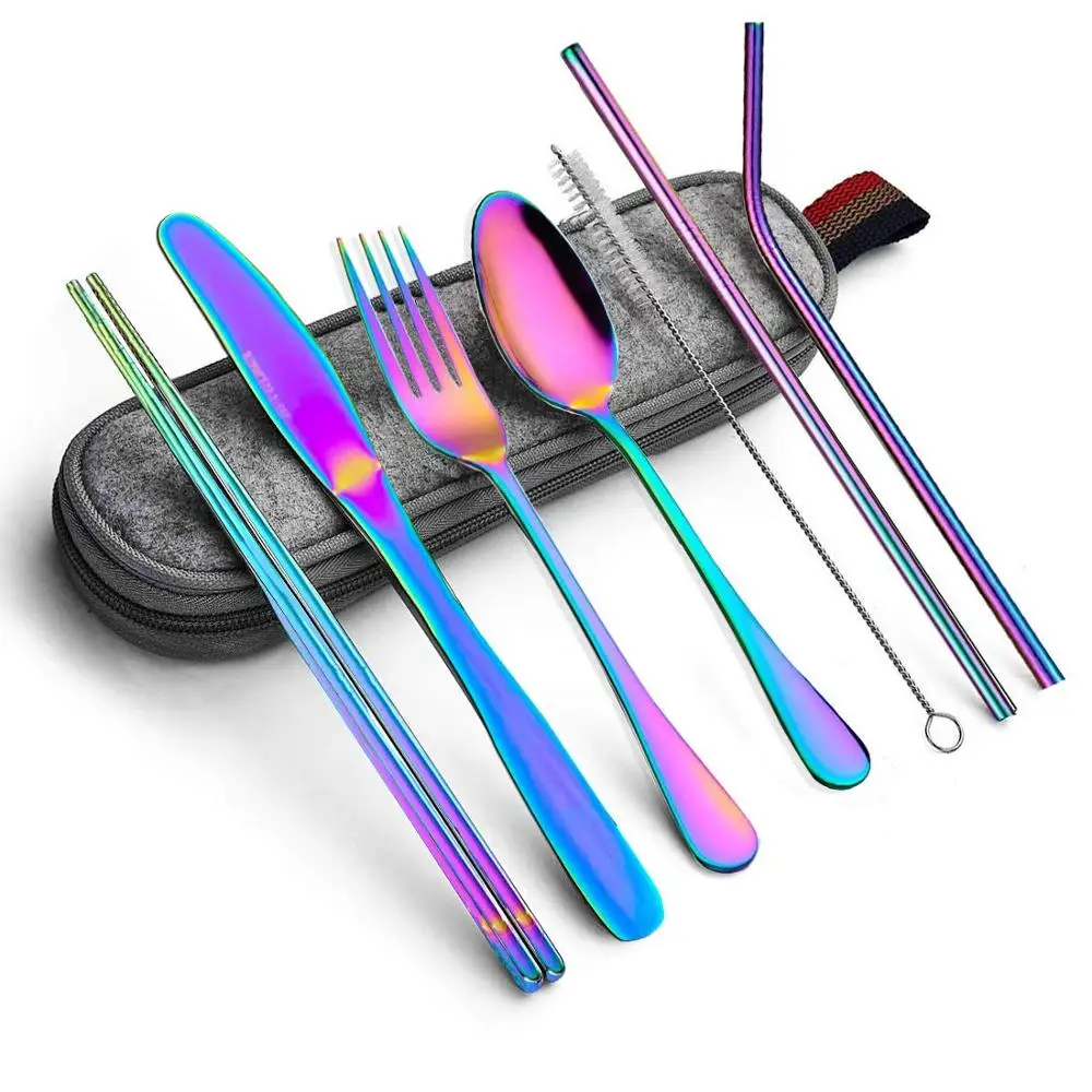 

Dinnerware Set Travel Camping Cutlery Set Reusable Silverware with Metal Straw Spoon Fork Chopsticks and Portable Case