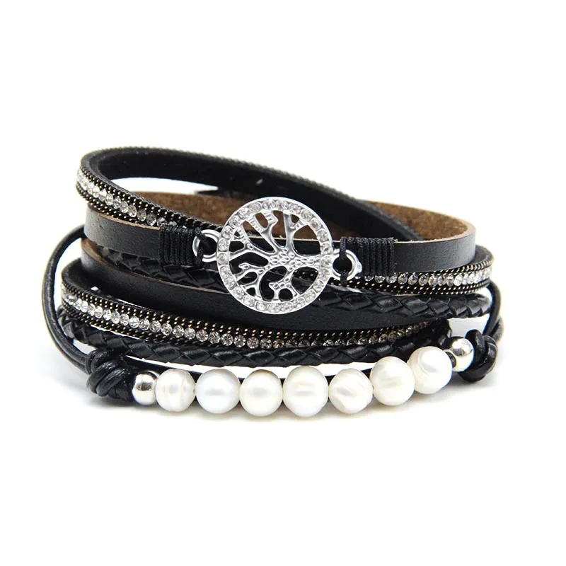 Женский кожаный браслет в стиле бохо, ювелирное изделие, полый браслет "Древо жизни" для женщин, многослойный браслет на запястье, женский браслет - Окраска металла: C-black