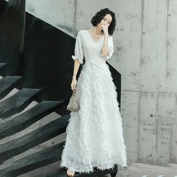 

Sexy White Oversize 3XL Qipao Lady Puff Sleeve Evening Party Dress Autumn New Slim V-neck A-line Cheongsam Vestidos Defesta