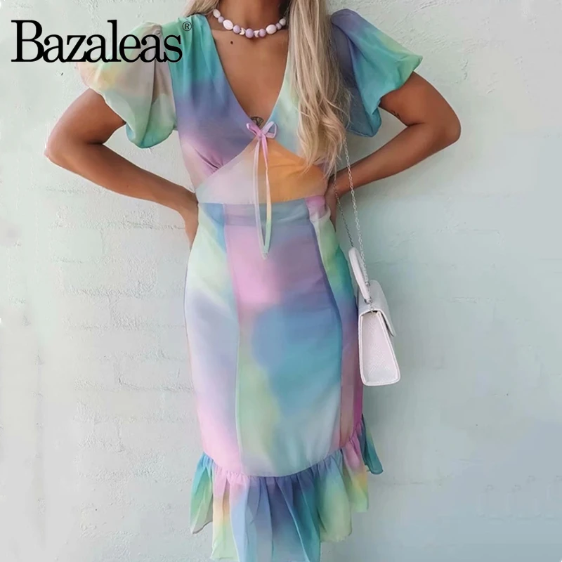 Bazaleas, элегантное платье с v-образным вырезом и бантом, богемное, шотландка, цветной принт, оборки, платья миди, шикарное, тонкое, пышное, короткий рукав, платье для женщин