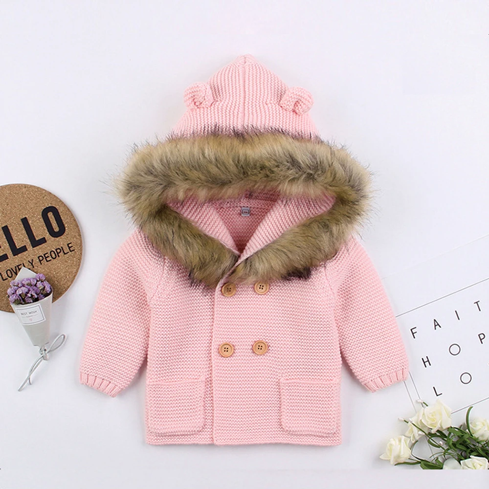 Детская зимняя одежда зимнее теплое пальто с мехом вязаное пальто с капюшоном для новорожденных мальчиков и девочек зимняя куртка с меховым воротником для малышей - Цвет: Розовый