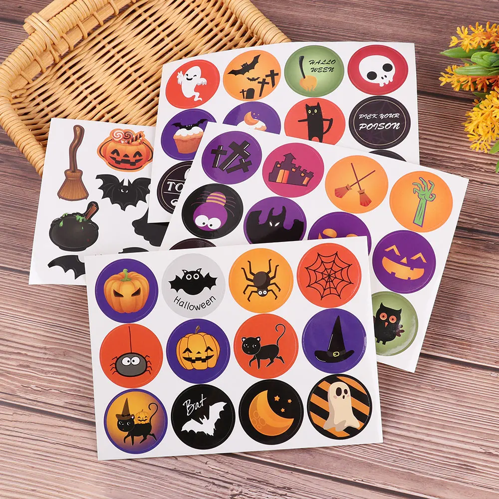

4 Sheet/Set 7.1X5.1inch Halloween Stickers Labels Round Stickers Treat or Trick Party Decor with Pumpkin Ghost Black Cat Bat Design DIY Decoration Temporary Tattoos Kids Notebook Stickers