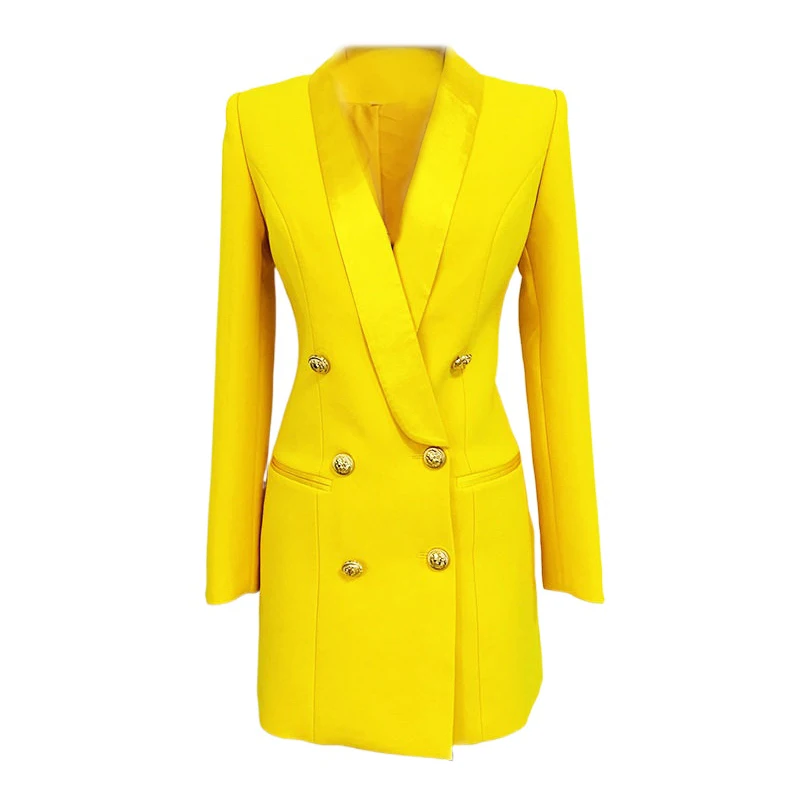

Long Blazer Dress Yellow 2022 Spring New Jacket Women Double Breasted Gold Button Satin Collar Women Blazer Suit High Quality
