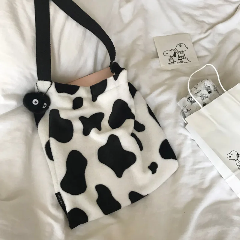 

cute cow pattern women handbags designer shoulder bag luxury plush messenger bag large capacity totes lady buckets bag big purse