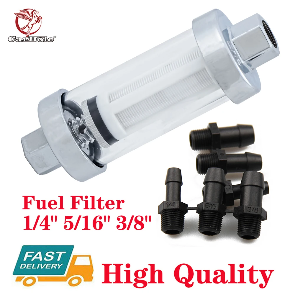 Fuel Filter Universal 100% 1/4" 5/16" 3/8" Chrome Glass Reusable Washable Inline 4.2"