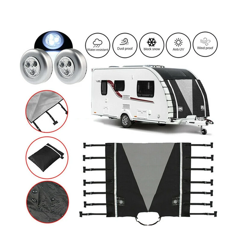 Waterproof Universal Caravan Front Towing Cover Hitch Cover Protector Hitch Coupling Lock Cover with 2x LED Guard Light for RV