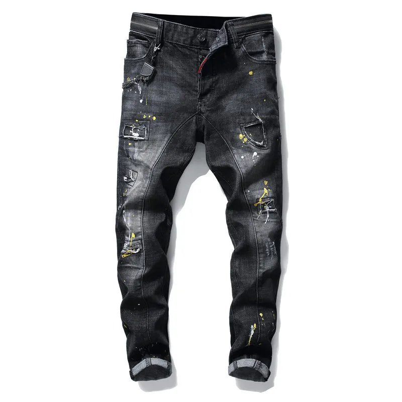 

Europe station personalized iron chain beggar patch patched hole stitching rivet splash ink paint elastic jeans male D2