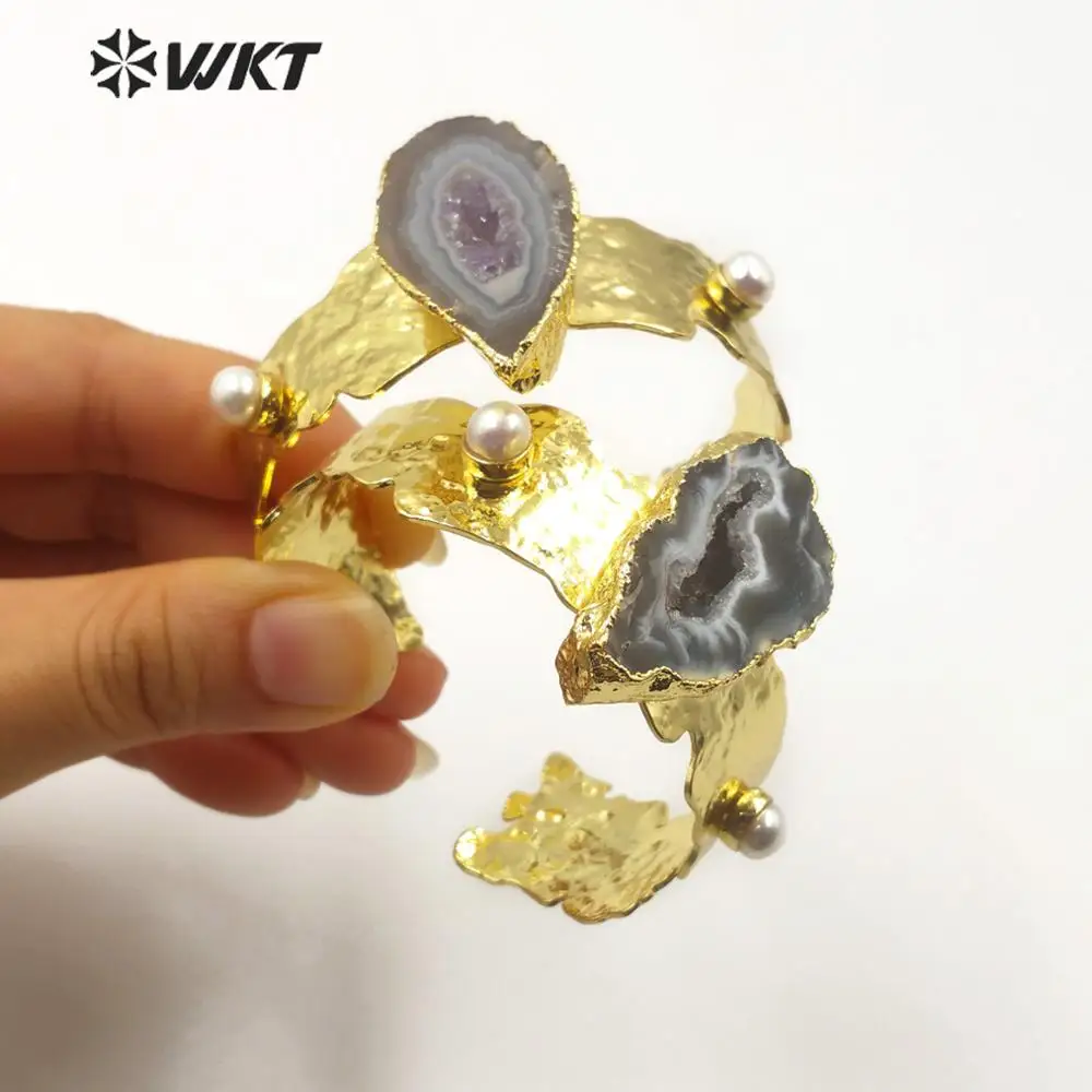WT-B514 WKT браслет с природными камнями Druzy геодный камень браслет золотой браслет гальванической обработки Регулируемый Женский модный браслет ювелирные изделия