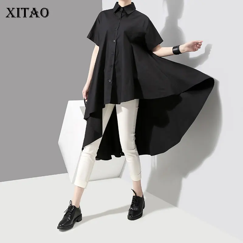 

XITAO Plus Size Irregular Midi Dress Patchwork Pullover Korea Fashion Turn Down Collar 2019 Summer Pleated Goddess Fan KZH602