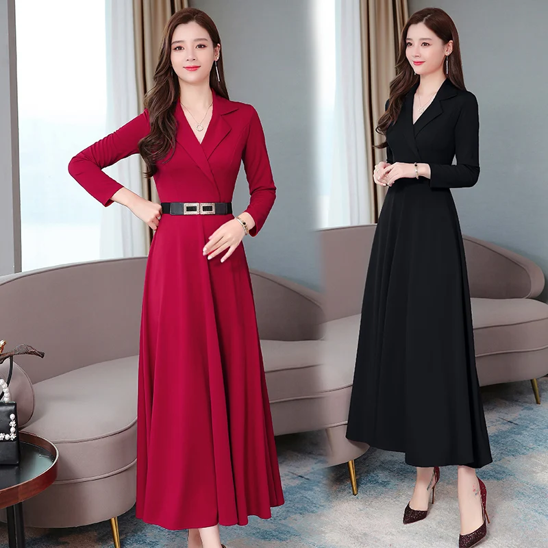 Модное осеннее платье 2019 Женские однотонные Длинные платья Вечерние элегантное