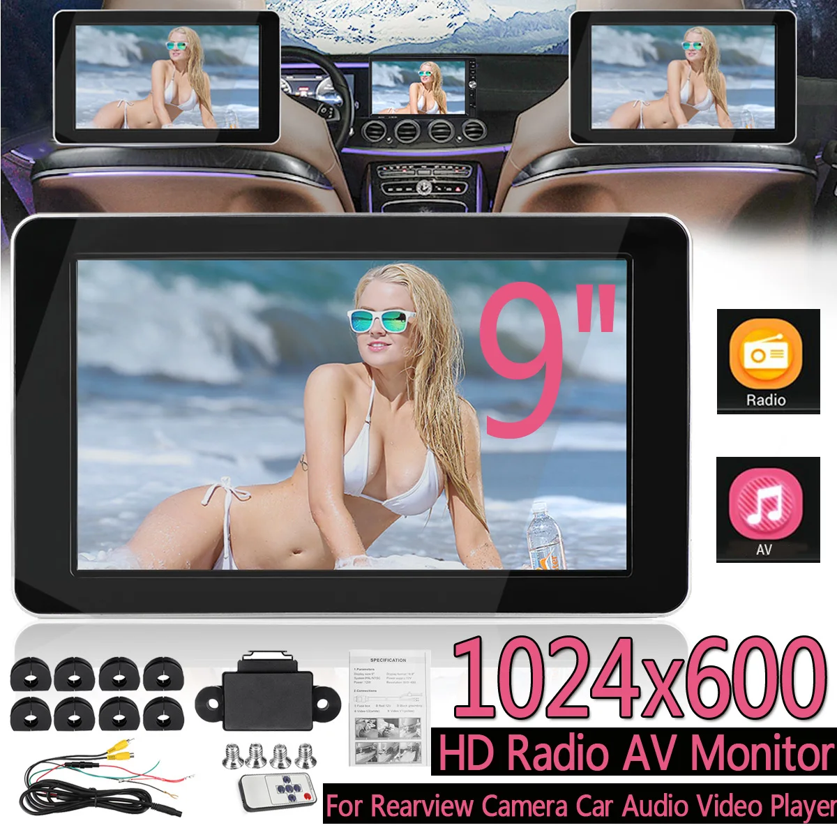 9 дюймов TFT цветной lcd подголовник мониторы 1024x600 HD вход радио AV монитор для камеры заднего вида Автомобильный аудио плеер 918AV