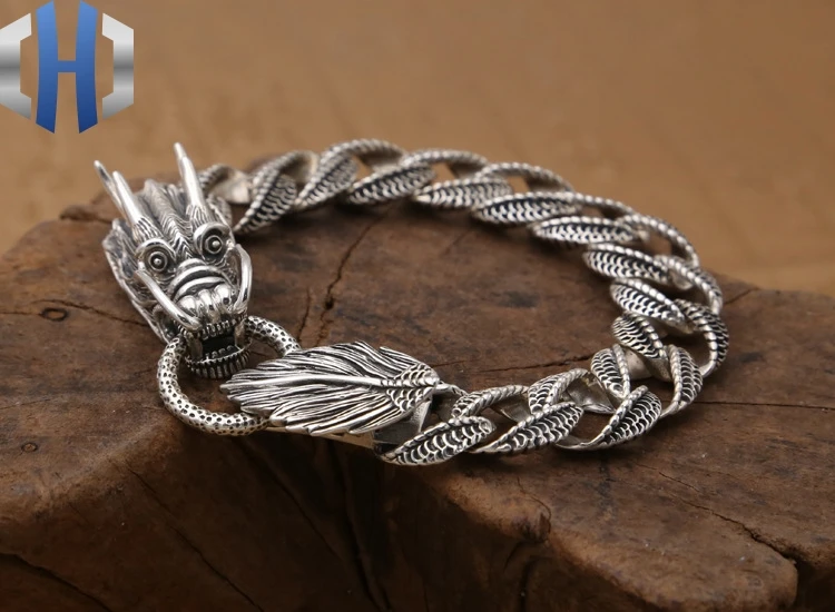 

S925 Sterling Silver Jewelry Men's Fashion Fashion Personality Retro Thai Silver Domineering Dragon Simple Bracelet