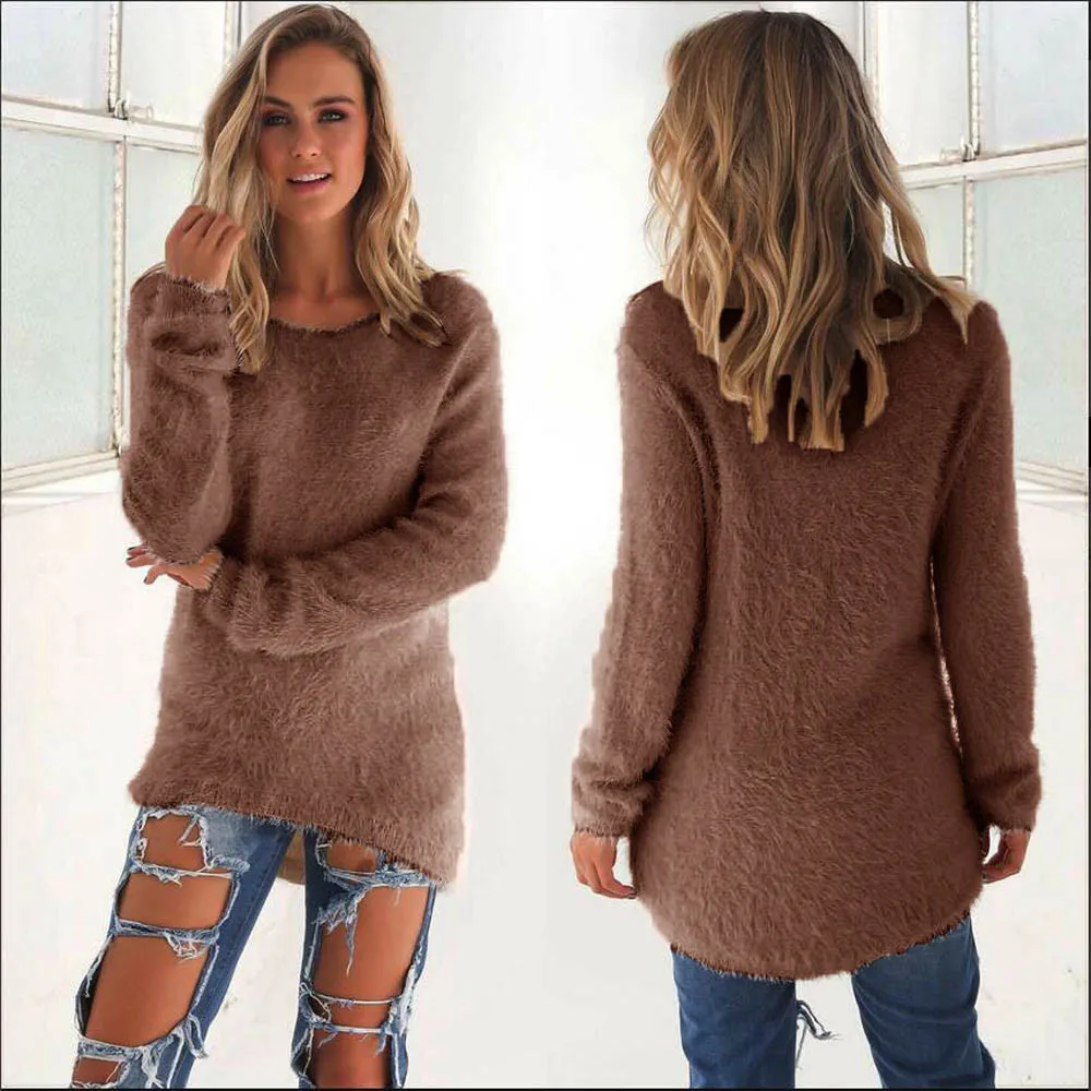 Женский модный осенне-зимний свитер, повседневный однотонный джемпер с длинными рукавами, Повседневные свитера, блузки, топы - Цвет: Coffee