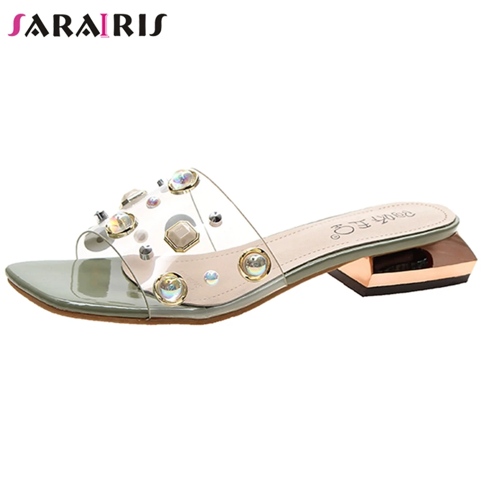 

SARAIRIS New On Sale Female Fashion Metal Decoration Crystal Mules Outside Casual Slippers Women Chunky Heels Shoes Woman