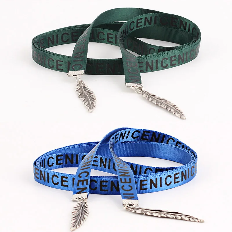 New women's belt Canvas belt lady Wild dress waist chain knotted Extra long thin belt letter Metal leaf decoration Multicolor - Color: green blue