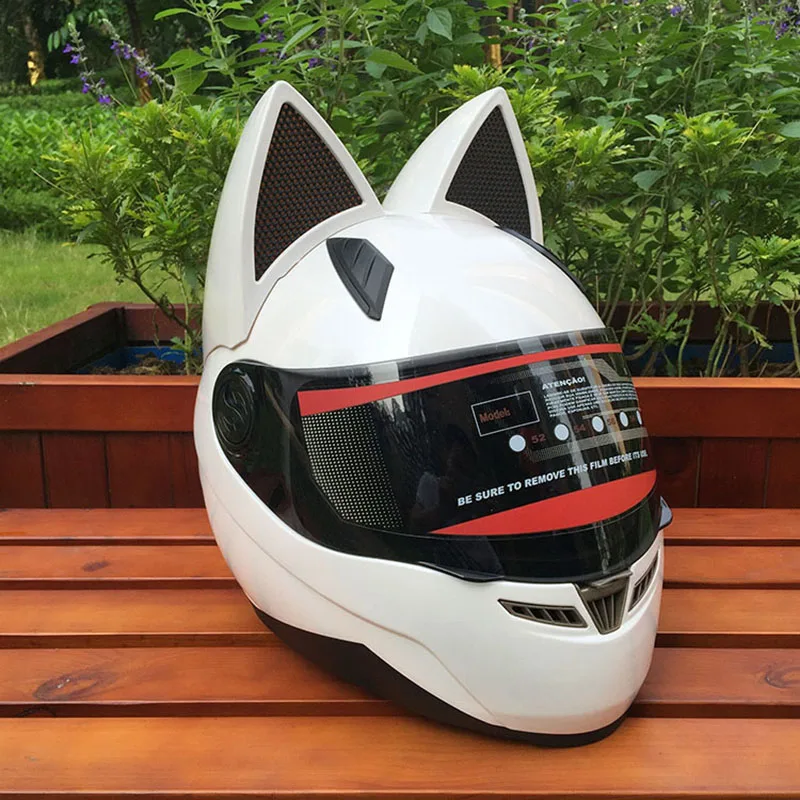 Белый шлем с ушками для автомобильных гонок, противотуманный шлем для всего лица, мотоциклетный шлем, мотоциклетный шлем, маска для всего лица, прекрасная кошка