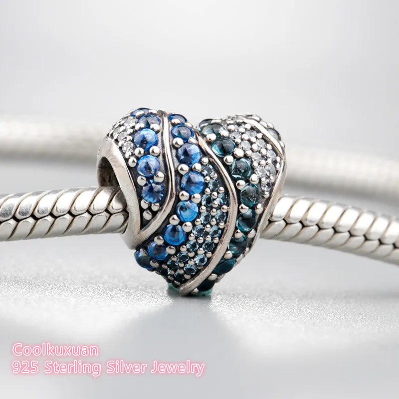 

Spring 925 Sterling Silver Aqua Heart Charm, Aqua & London Blue Crystals & Clear CZ Beads Fit Pandora Charms Bracelet Diy